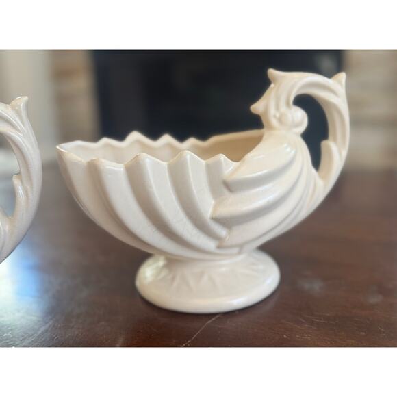 McCoy Pottery White Shell Planter Pair Vintage Ceramic Pedestal Bowls Set - Picture 10 of 16
